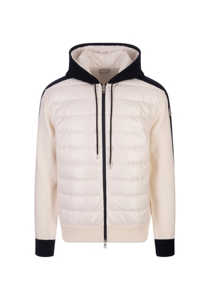 Moncler Padded Tricot Cardigan With Hood In White And Navy Blue