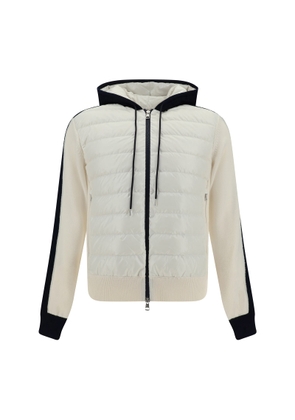 Moncler Padded Tricot Cardigan With Hood In White And Navy Blue