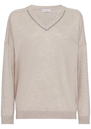 Brunello Cucinelli V-neck cashmere-silk sweatshirt - Neutrals