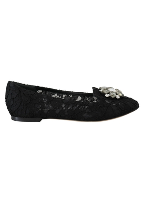 Dolce & Gabbana Black Taormina Lace Crystals Flats Shoes - EU35/US4.5