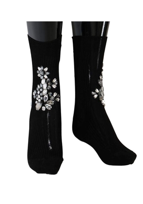 Dolce & Gabbana Black Knitted Floral Clear Crystal Socks - M