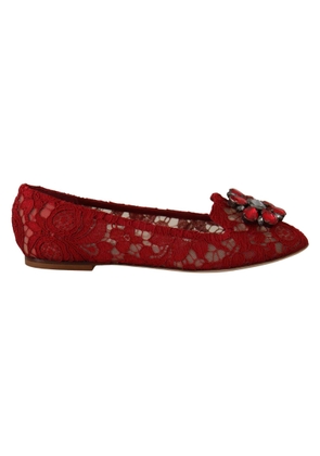 Dolce & Gabbana Red Lace Crystal Ballet Flats Loafers - EU36/US5.5