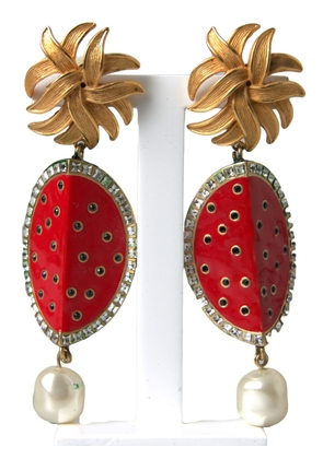 Dolce & Gabbana Red Watermelon Gold Brass Crystal Clip Dangling Earrings