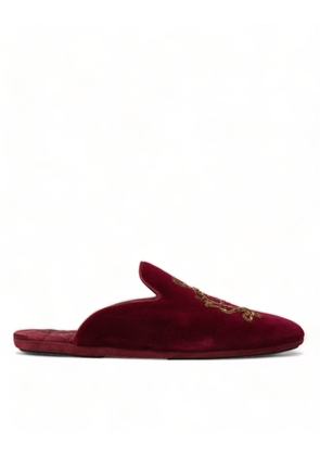 Dolce & Gabbana Bordeaux Velvet Gold Crown Embroidery Slides Shoes - EU45/US12