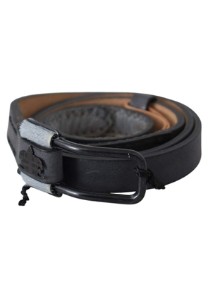 Ermanno Scervino Black Leather Fringes Logo Buckle Belt - 85 cm / 34 Inches