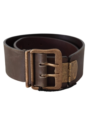 Ermanno Scervino Brown Leather Wide Bronze Buckle Waist Belt - 60 cm / 24 Inches