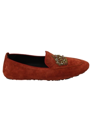 Dolce & Gabbana Orange Leather Moccasins Crystal Crown Slippers Shoes - EU44/US11