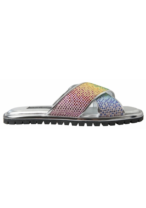 Dolce & Gabbana Silver Crystal Leather Flat Slides Men Shoes - EU43/US10