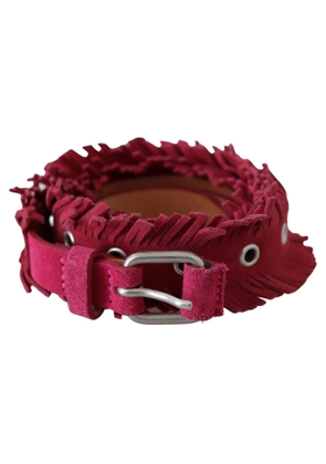 Ermanno Scervino Maroon Leather Fringes Silver Buckle Waist Belt - 95 cm / 38 Inches