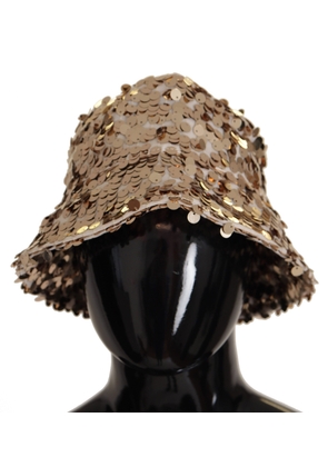 Dolce & Gabbana Gold Silk Sequin Embellished Designer Brim Bucket Hat