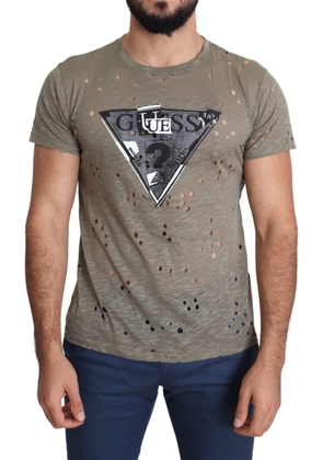 Guess Brown Cotton Stretch Logo Print Men Casual Perforated T-shirt - M