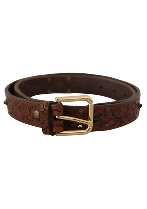 Dolce & Gabbana Brown Leather Floral Studded Metal Buckle Belt - 85 cm / 34 Inches