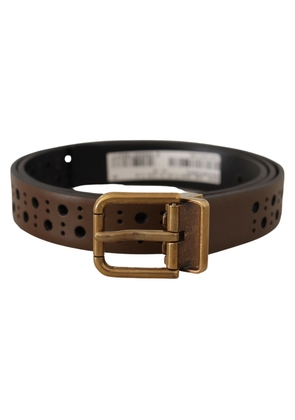 Dolce & Gabbana Brown Leather Perforated Crown Belt - 90 cm / 36 Inches