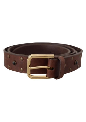 Dolce & Gabbana Brown Leather Studded Gold Tone Metal Buckle Belt - 90 cm / 36 Inches