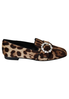 Dolce & Gabbana Brown Leopard Print Crystals Loafers Flats Shoes - EU35/US4.5