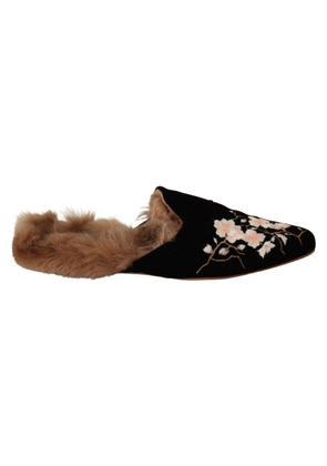 GIA COUTURE Black Velvet Floral Fur Slip On Flats - EU41/US10.5