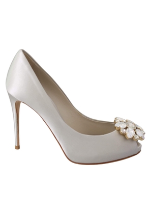 Dolce & Gabbana White Crystals Peep Toe Heels Satin Pumps Shoes - EU35/US4.5