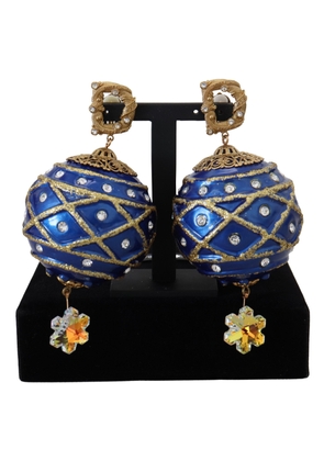 Gold Brass Blue Dangle Ball Crystal Clip On Earrings