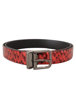 Dolce & Gabbana Red Herringbone Leather Gray Tone Buckle Belt - 90 cm / 36 Inches