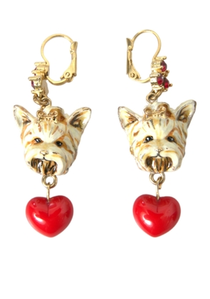 Gold Brass Heart Dog Red Crystal Dangling Earrings