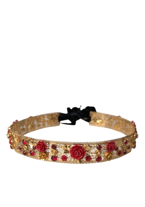 Gold Brass Red Roses Crystal Jewel Waist Belt - M