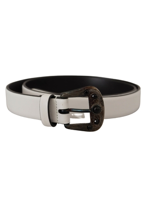 Dolce & Gabbana White Leather Crystal Metal Buckle Belt - 90 cm / 36 Inches