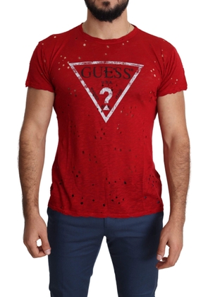 Guess Red Cotton Logo Print Men Casual Top Perforated T-shirt - L