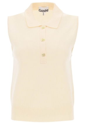 Ganni sleeveless polo shirt in wool and cashmere - L Beige
