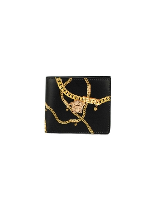 Versace Black Smooth Leather Gold Medusa Head Chain Logo Bifold Organizer Wallet