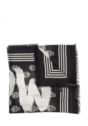 Alexander Mcqueen Black Scarf With All-Over Skull Print And Graffiti Logo In Modal Man