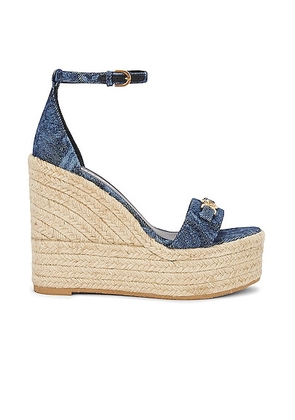 VERSACE Fabric Wedge Espadrille Sandal in Blue - Blue. Size 38.5 (also in 36.5, 39, 39.5, 40, 41).