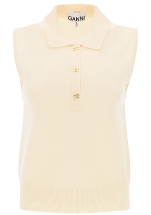 Ganni Sleeveless Polo Shirt In Wool And Cashmere