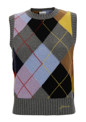 Ganni Grey Vest With Check Motif And Logo Embroidery In Wool Blend Woman