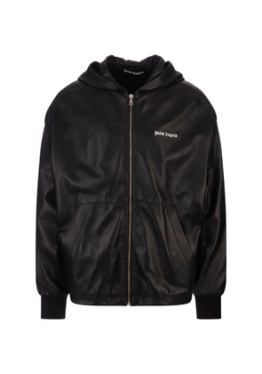 Palm Angels Black Hooded Leather Jacket With Logo