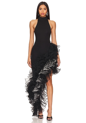 ROTATE Sequin Ruffle Gown in Black. Size 36.