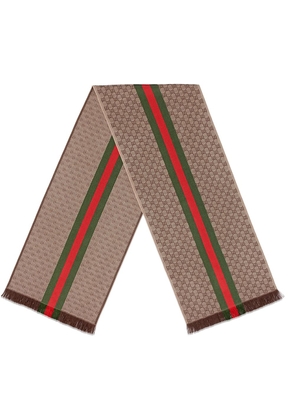 Gucci GG jacquard knit scarf with Web and fringe - Brown
