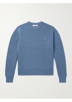 Maison Kitsuné - Logo-Appliquéd Ribbed Cotton-Blend Sweater - Men - Blue - XS