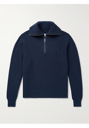 Maison Kitsuné - Logo-Appliquéd Ribbed Cotton-Blend Half-Zip Sweater - Men - Blue - XS