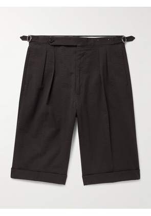 De Petrillo - Slim-Fit Pleated Cotton-Blend Seersucker Shorts - Men - Brown - IT 46