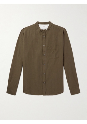 Mr P. - Grandad-Collar Organic Cotton and Linen-Blend Seersucker Shirt - Men - Green - XS