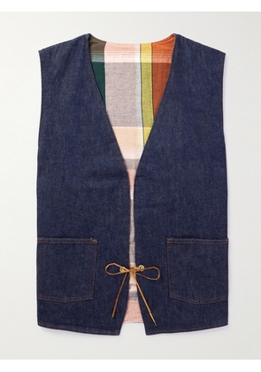 OrSlow - Hippie's Reversible Denim and Checked Cotton and Linen-Blend Gilet - Men - Blue - 2