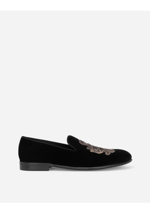 Dolce & Gabbana Pantofola In Velluto Con Ricamo Blasone - Man Driver Shoes And Loafers Black Velvet 39.5