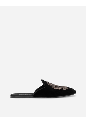 Dolce & Gabbana Velvet Slippers With Coat Of Arms Embroidery - Man Sandals And Slides Black Velvet 39