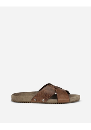 Dolce & Gabbana Calfskin Sliders - Man Sandals And Slides Brown Leather 39