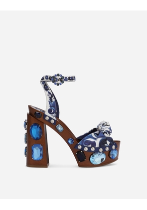 Dolce & Gabbana Majolica-print Canvas Wedge Sandals With Gemstones - Woman Sandals And Wedges Multicolor 40