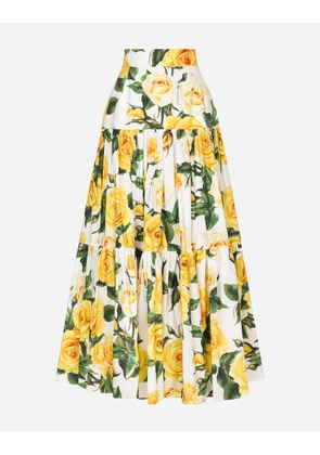 Dolce & Gabbana Long Ruffled Skirt In Yellow Rose-print Cotton - Woman Skirts Print 46