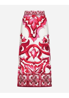 Dolce & Gabbana Majolica-print Charmeuse Calf-length Skirt With Slit - Woman Skirts Fuchsia Silk 38