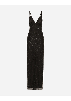 Dolce & Gabbana Long Tulle Slip Dress With All-over Rhinestone Embellishment - Woman Dresses Black Tulle 38