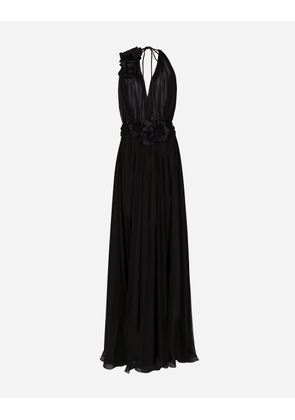 Dolce & Gabbana Long Silk Chiffon Dress With Floral Appliqué - Woman Dresses Black Silk 50