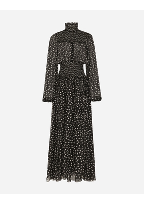 Dolce & Gabbana Chiffon Midi Dress With Smock Stitching And Micro-polka Dot Print - Woman Dresses Print 44